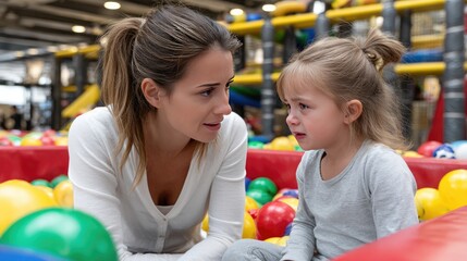 A little girl sits on the ground crying as her mother comforts her in a vibrant indoor playground filled with balls