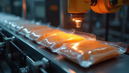 Automated packaging machine seals plastic pouches on conveyor belt. Food industry production line. Robotic arm packs product. Efficiency speed in factory, manufacturing. Industrial automation,