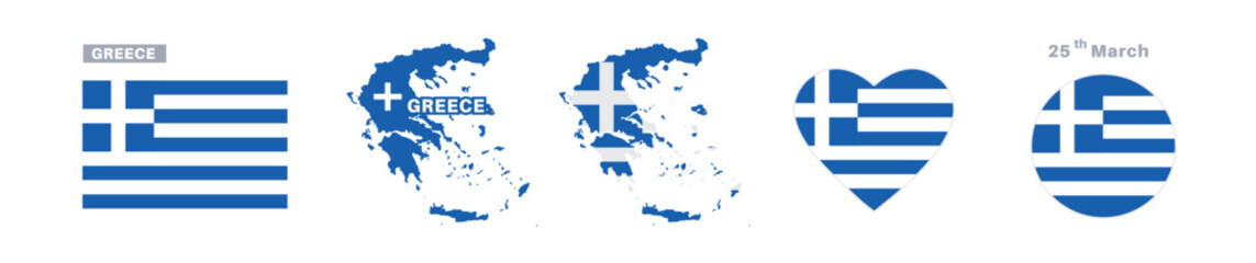 Naklejka premium greece flag and map set. greece flag in official colors and proportions. independence day 25 march, map, circle and heart shaped greece 