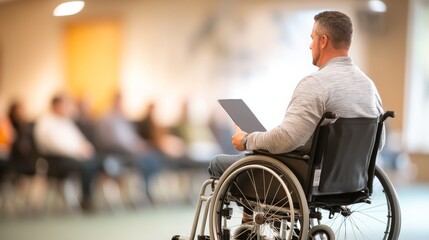 Fototapeta premium Man in Wheelchair at Conference, laptop , disability