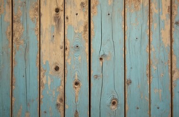 Old reclaimed wood backdrop. Vertical wooden planks painted faded blue, beige tones. Weathered, distressed wooden surface with peeling paint texture ideal for background.