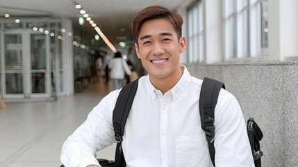 Disabled Asian schoolboy with a backpack smiles in a wheelchair while heading to class in a contemporary school corridor