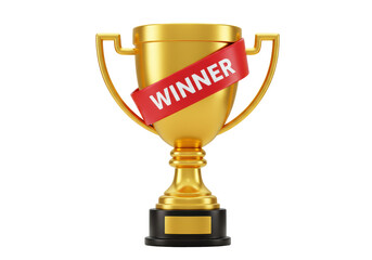 Isolated Shiny Golden Trophy Cup with Winner Ribbon