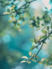 Obraz premium Green leaves on a branch with a blurred teal bokeh background. Nature background with light and copy space.