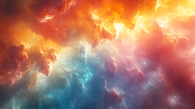 Celestial clouds in ethereal space with orange and blue hues and glimmering stars