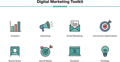 Digital marketing toolkit icons displaying strategy and analytics tools used
