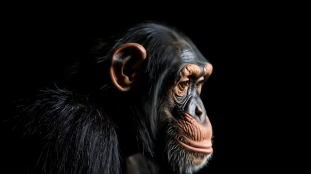 Intriguing Close-Up Study: A Thoughtful Portrait of a Chimpanzee Against Black Void