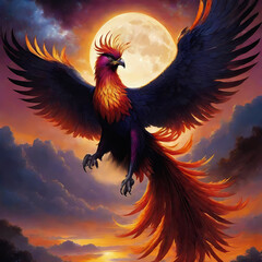 Fiery phoenix just born from ashes, magical charismatic aura, mystery forest background, fantasy illustration wallpaper 