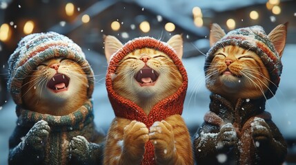 Playful cats in holiday hats gathered together, creating a cheerful scene.