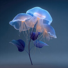 Translucent jellyfish resembling delicate glowing flowers with blue leaves on a single stem against a dark background.