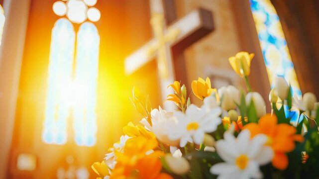 A colorful bouquet of flowers in a church with a sunlit cross in the background. Easter celebration and faith concept. Footage for a religious spring holiday greeting or a memorial video