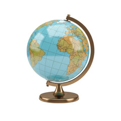 Antique style world globe on stand with geographic details and golden frame
