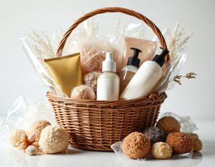 Elegant gift basket filled with spa self-care products. Soothing treats perfect for pampering. Ideal for celebrations gifting occasion. Includes cosmetics with natural ingredients. Design for beauty,