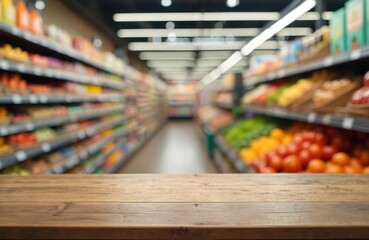 Fototapeta premium Grocery store aisle, fresh products on display. Blurred background, shelves filled with fruits vegetables. Customer shopping experience, commerce, shopping sale, retail environment. Variety
