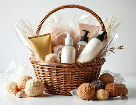 Elegant gift basket filled with spa self-care products. Soothing treats perfect for pampering. Ideal for celebrations gifting occasion. Includes cosmetics with natural ingredients. Design for beauty,