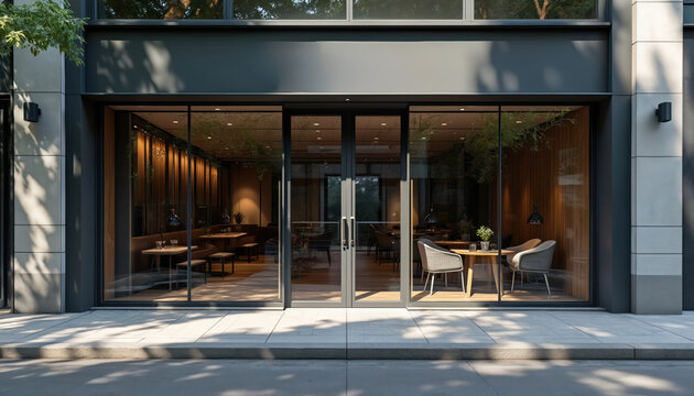 Modern store front. Exterior view design, with large glass windows, interior. Entrance features door, sidewalk view. City street, building facade. Retail business, shop front. Mockup store design,