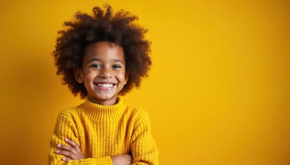 Smiling african american boy with curly hair wearing yellow sweater against yellow background. Studio portrait of happy child, looking at camera, smiling wide, showing his teeth. Joyful kid.
