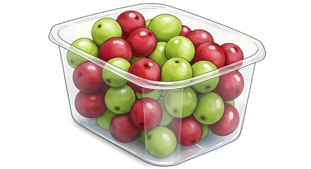 Cartoon clear plastic container with fresh grapes, shiny, juicy, green and red grapes mixed, highly detailed, vibrant colors, white background.

