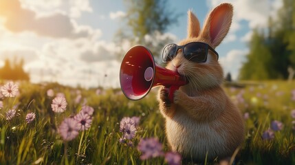 Funny rabbit holding megaphone in garden