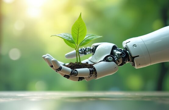 Robot hand holds green plant sprout, environmental protection, eco-friendly innovation. Artificial intelligence, future tech merges with ecology, sustainability concepts. AI helps eco-friendly world