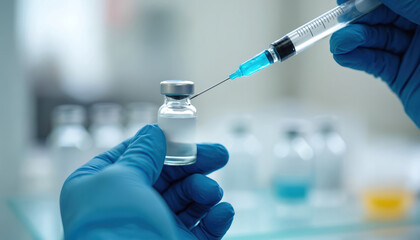 Close-up of a gloved hand drawing vaccine liquid from a vial with syringe. Medical pro preparing injection in lab. Healthcare, immunization, vaccination concept, public health, medical supplies.