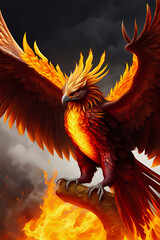 Fiery phoenix just born from ashes, magical charismatic aura, mystery forest background, fantasy illustration wallpaper 