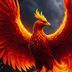 Fiery phoenix just born from ashes, magical charismatic aura, mystery forest background, fantasy illustration wallpaper 