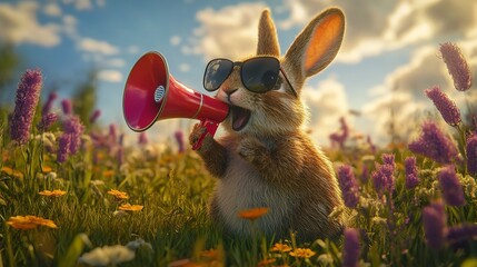 Funny rabbit holding megaphone in garden