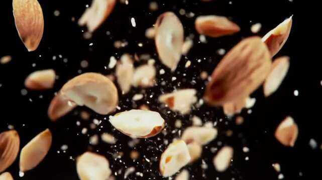 A burst of flying almonds against a black background shows the nuts in various stages of being broken apart