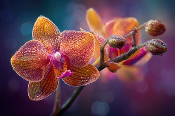 Close-up of an orange orchid flower covered in dewdrops against a blurred purple and blue background.