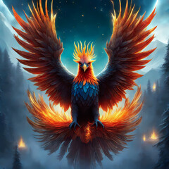 Fiery phoenix just born from ashes, magical charismatic aura, mystery forest background, fantasy illustration wallpaper 