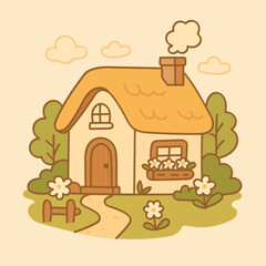 Colorful Cottage Wooden House with Flowers and Trees Illustration