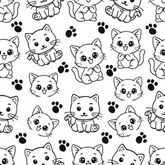 Kawaii Cartoon Cat Seamless Pattern Line Illustration