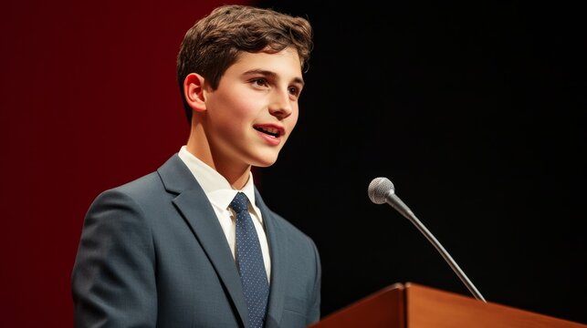Young Boy Giving Speech at Podium with Microphone, Youth Speaker ,Public Speaking - Powered by Adobe