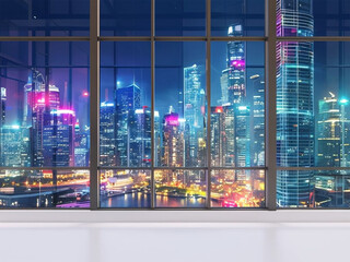 Night cityscape view from modern office window; vibrant, futuristic, and hopeful mood.