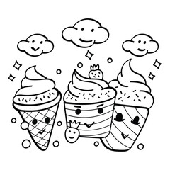 Kawaii Ice Cream in Waffle Cup Coloring Page Illustration