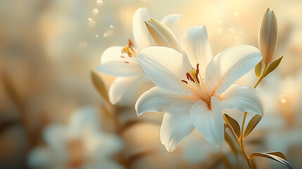 Fototapeta premium Elegant white lilies blooming in golden light macro floral composition natural beauty wallpaper