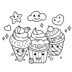 Kawaii Ice Cream in Waffle Cup with Topping Coloring Page Illustration