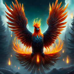 Fiery phoenix just born from ashes, magical charismatic aura, mystery forest background, illustration wallpaper 