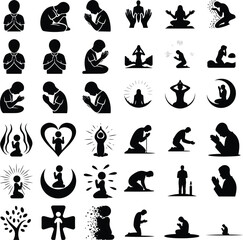 Prayer Pose Vector Icons – Religious & Meditation Silhouettes Pack Prayer Pose Vector Icons – Religious & Meditation Silhouettes Pack