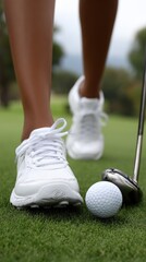 Foot positioning with a golf club angled towards the hole, ready to make a perfect putt on a grass field under cloudy skies
