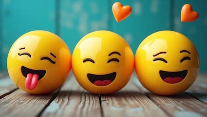 Three cheerful yellow emoji faces with hearts floating above on a wooden background