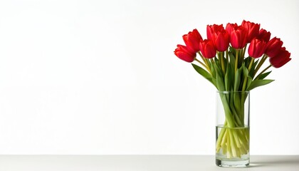Obraz premium Red tulips in glass vase on white background. Fresh flowers. Elegant floral arrangement for romantic gift. Springtime decor for holiday. Close up shot. Simple design. Clear glass vase.