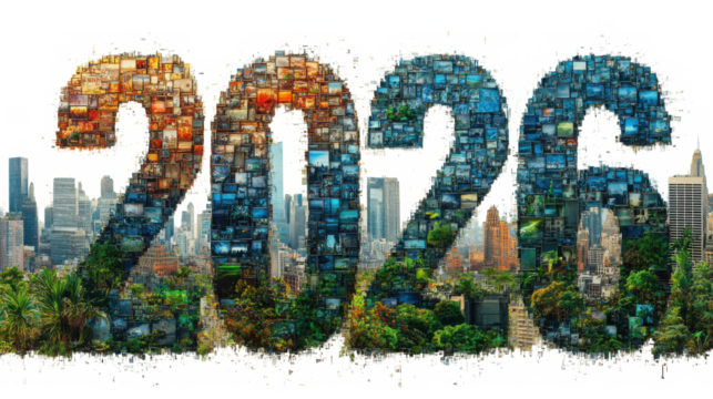 A 2026 mosaic collage of city images forming the year against a transparent background