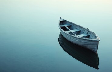 Obraz premium Small wooden boat floats on still blue water. Reflecting clear summer sky creating a peaceful scene. Serene nautical image ideal for travel, vacation, relaxation themes.