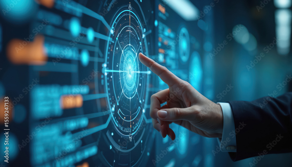Poster Businessman interacting virtual graphic interface. High tech AI, artificial intelligence futuristic digital tech concept. Touch interface, command prompt interface. Modern digital world,