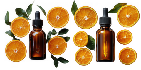 Two amber bottles of orange essential oil surrounded by orange slices and leaves, isolated on transparent background