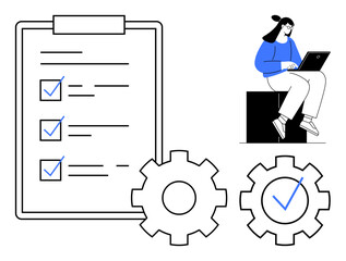 Checklist with completed tasks, large settings gears, and a person working on a laptop. Ideal for productivity, workflow, task planning, process management, project efficiency, team collaboration
