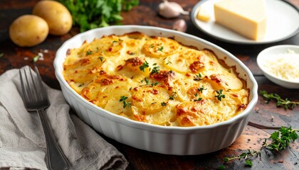 Gratin Dauphinois with Cream and Garlic. Traditional French Food