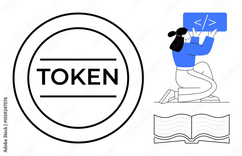 Wall mural circular blockchain token, woman coding on a screen, and an open book. ideal for blockchain, coding,